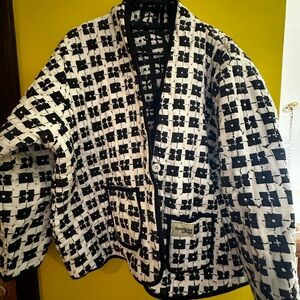 Black and White Geometric Coat with Quilted Texture